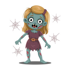 cute zombie girl character, blonde hair with ribbon, ragged purple dress, spooky kid, halloween illustration, cobweb accents vector