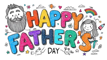 Fototapeta premium Colorful crayon-style illustrations of dad and kids with 