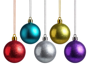 Festive shiny spherical ornaments hang against a dark background