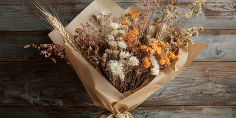 A bouquet of dried flowers wrapped in brown paper, placed on a wooden table with a rustic background.