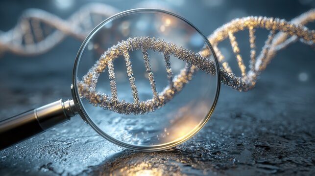 DNA molecule illuminated and magnified by a laboratory magnifying glass on a textured surface