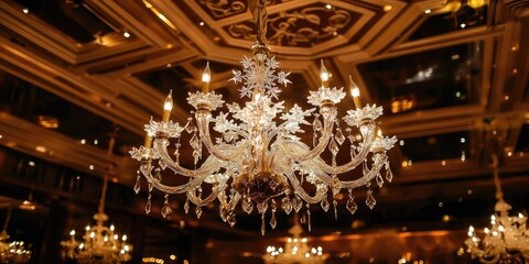 A luxurious chandelier hanging from the ceiling of a grand ballroom, with intricate crystal decorations and a warm, golden hue, casting a soft glow over the room.
