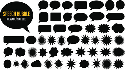 Comic speech bubble silhouette set, chat boxes and starburst shapes, black graphic elements for design kits, comics, and merch