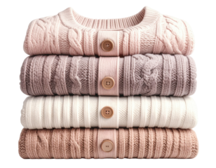 A neatly stacked pile of button-up cardigans in varying pastel colors, cable knit