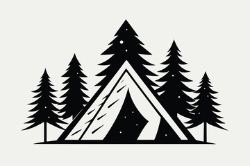 Black and White Illustration of a Tent Surrounded by Pine Trees in the Forest