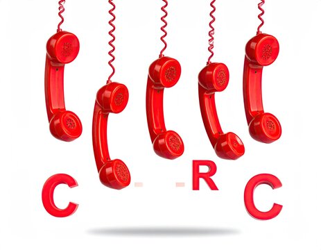 Five red phone handsets dangle from wires, with "CRC" spelled below