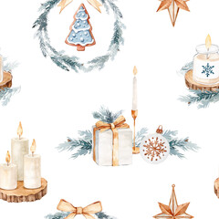 Watercolor Christmas Seamless Pattern with Candles and Ornaments