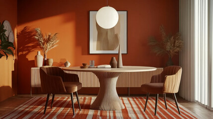 Dining room with terracotta walls, round table, upholstered chairs, bold rug, globe pendant light, and vases on sideboard.