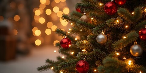 A beautifully decorated Christmas tree on the right side features red and silver ball ornaments and warm yellow light strings on lush green branches, set against a soft warm-toned bokeh background