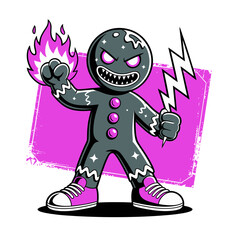 Electric gingerbread monster, dark cookie character, lightning energy, pink grunge backdrop, playful spooky sticker, holiday vector illustration