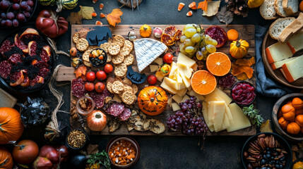 Flat lay of Halloween cookies shaped like bats and witches