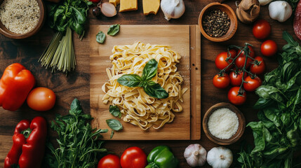 Flat lay of pasta primavera with fresh vegetables