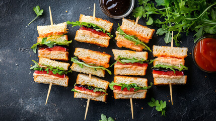 Flat lay of mini sandwiches with toothpicks and sauces