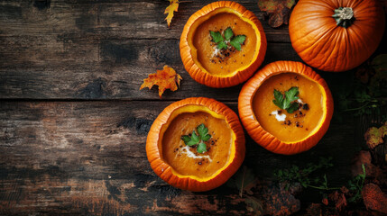 Flat lay of pumpkin soup served in carved pumpkin bowls