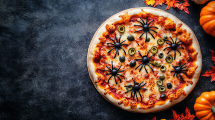 Flat lay of spooky pizza decorated with olive spider shapes