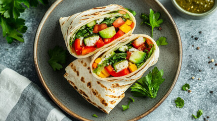 Flat lay of veggie wraps cut in halves on  plate