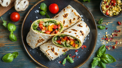 Flat lay of veggie wraps cut in halves on  plate