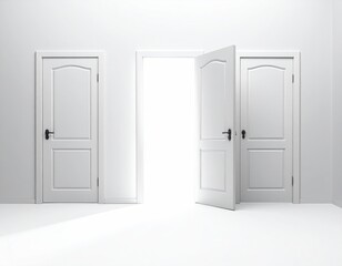 Naklejka premium Three identical white doors, one slightly ajar, illuminating a bright doorway