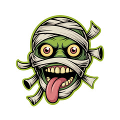 Crazy mummy head, bandages flying, green face, bulging eyes, long tongue out, cartoon horror icon, sticker vector design