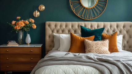 Gray tufted bed with decorative pillows, deep teal wall behind. Gold mirror and sconce add style, wood nightstand with vase of flowers, mid-century dresser with marble top completes.