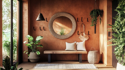 Hallway with brown wall, hooks, wooden bench, round mirror, console table, pendant light, runner rug, and greenery outside.