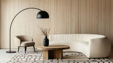 Light curved sofa, wooden coffee table, mid-century chair, arc lamp, wood panel wall, geometric rug, and vases shape the space.