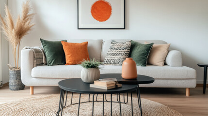 Light sofa decorated with green and burnt orange pillows. Black coffee table with vase in front, artwork of red sun hangs above, pampas grass adds texture, soft light warms room.