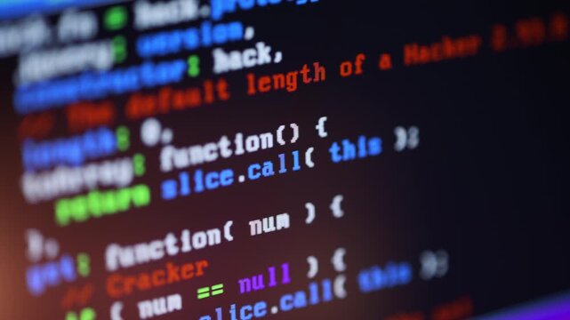 Close up of computer monitor screen with programming code, hacker background, software development, cyber security, coding technologies and digital innovation concept
