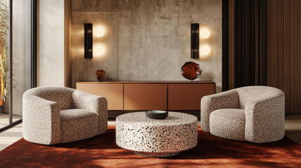 Mid-century armchairs flank a speckled coffee table over a red-brown rug. Neutral wall with sconces and sideboard creates a warm modern scene.