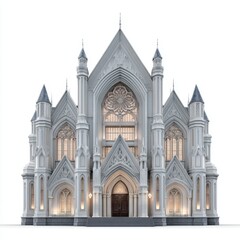 Obraz premium Ornate Gothic cathedral facade featuring arched windows spires and a prominent rose window on a white background