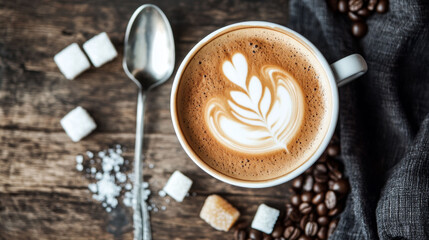 Overhead latte with latte art, spoon, and sugar cubes