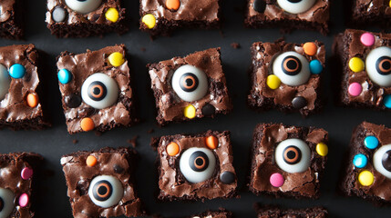 Overhead shot of chocolate brownies topped with candy eyes
