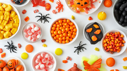 Overhead table with assorted Halloween candy in bowls