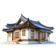 Fototapeta premium Traditional Korean Hanok house with curved tiled roof and wooden latticed windows on a white background