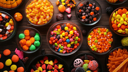 Overhead table with assorted Halloween candy in bowls