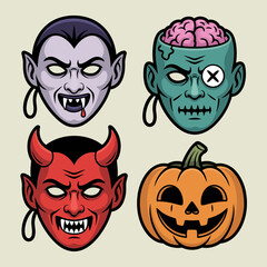 Horror faces set, vampire head, zombie with exposed brain jar, devil red face, jack o lantern, vector illustration