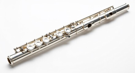 Fototapeta premium Bright studio light illuminates a sparkling silver flute showcasing its metallic keys on a clean white backdrop