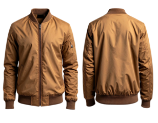 Brown bomber jacket, front and back views, isolated on a black background