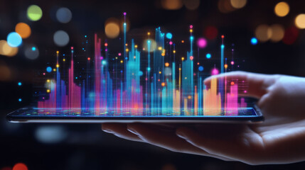 Tablet in hand showing floating holographic charts