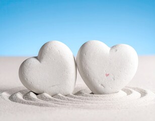 Two heart-shaped stones on a white sand surface against a blue sky backdrop