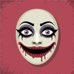 Obraz premium Bleeding smile mask portrait, exaggerated eyes, dripping red lips, unsettling horror icon, creepy halloween poster, stylized vector