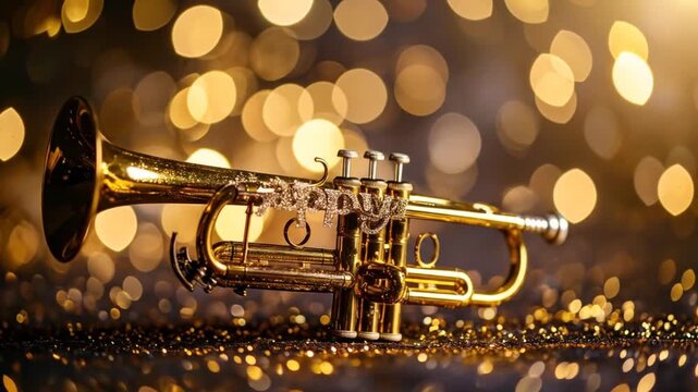 Golden trumpet on a dark glittery background