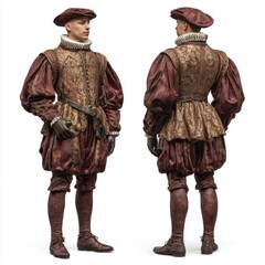 Fototapeta premium Two views of a man wearing ornate Renaissance clothing featuring puffed sleeves a ruffled collar and intricate patterns