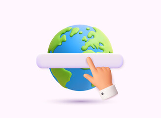Global internet search concept with hand pointer pressing search bar on globe. 3D Vector Web Illustration.