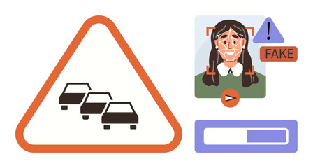 Triangular traffic congestion sign, face scan detecting deepfake video, progress bar, and warning icon. Ideal for AI technology, cybersecurity, deepfake detection, awareness, road safety identity