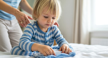 Child folding laundry with parent on bed, early responsibility and learning concept