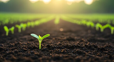 Sprout growing in rich soil with blurred rows of green plants