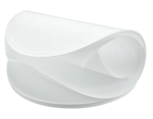 A curving, white, abstract sculpture with layered surfaces, and a round opening