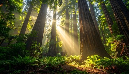 Sunlit beams illuminating an ancient redwood forest environment