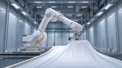 Robotic arm in a clean industrial setting, showcasing precision and automation. The image represents technological advancement and manufacturing efficiency.